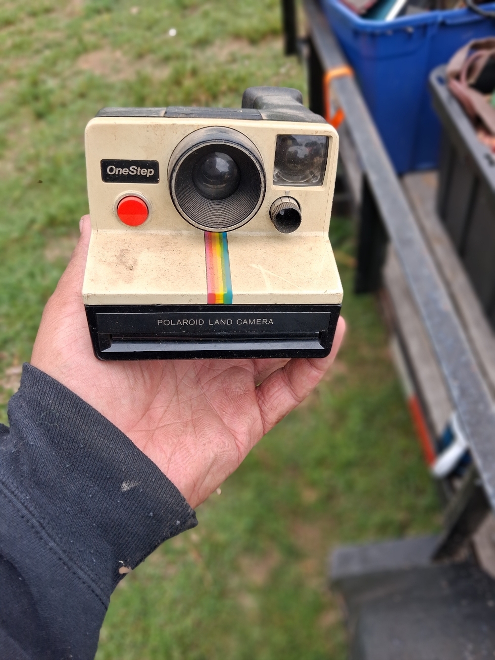 Polaroid Cream Instant Camera with Rainbow Stripe and Red Shutter